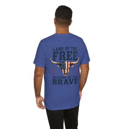 Patriotic Longhorn Tee — "Land of the Free Because of the Brave" Graphic T-Shirt