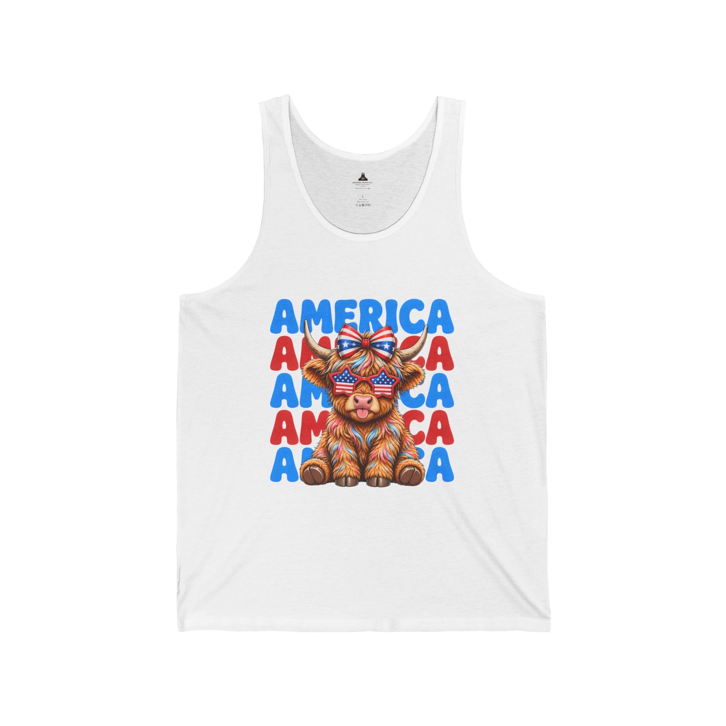 Patriotic Highland Cow Tank Top – 'America' Red White Blue Graphic