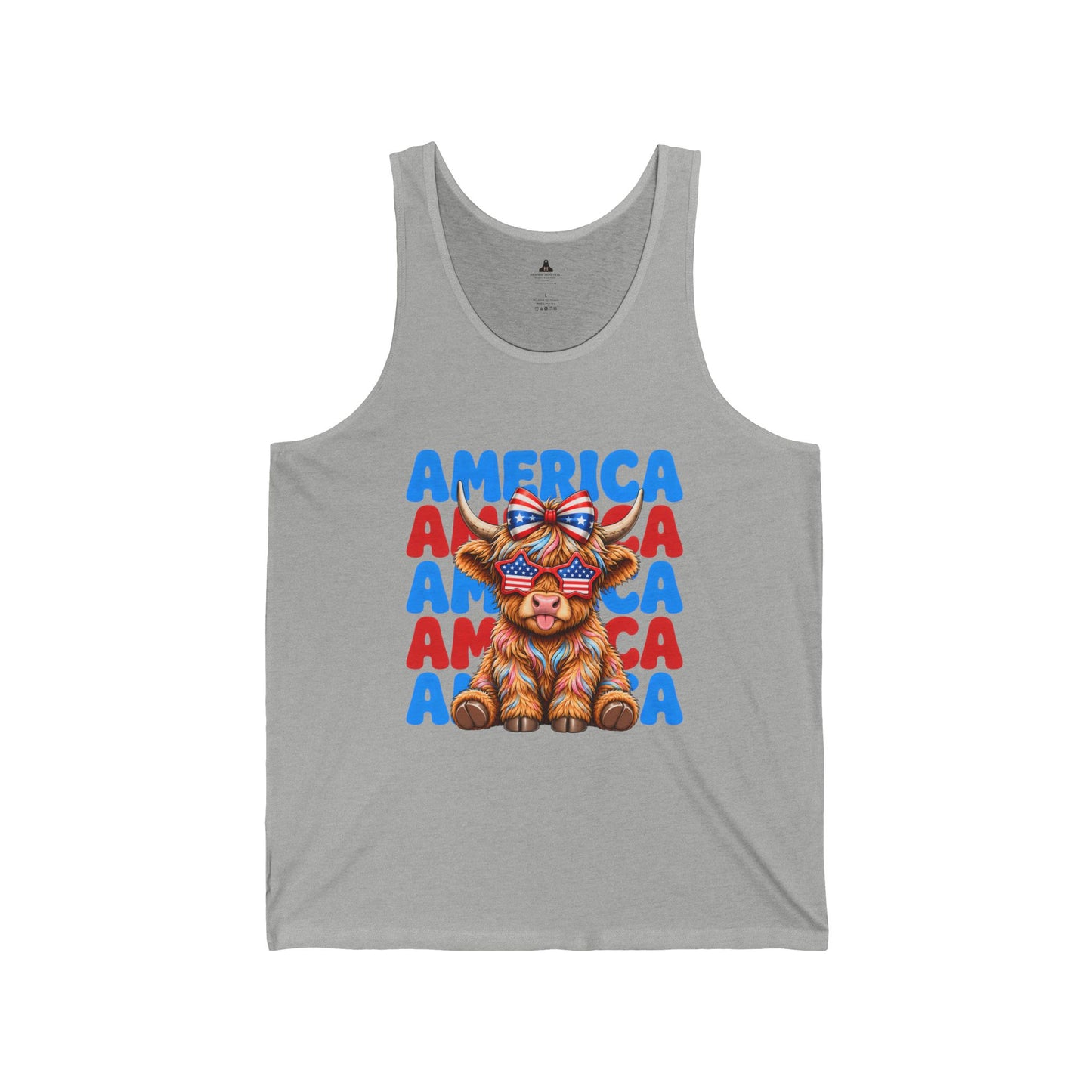 Patriotic Highland Cow Tank Top – 'America' Red White Blue Graphic