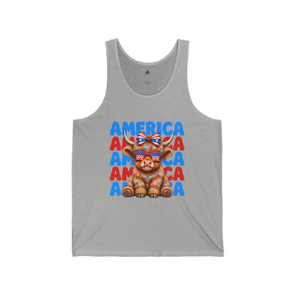 Patriotic Highland Cow Tank Top – 'America' Red White Blue Graphic