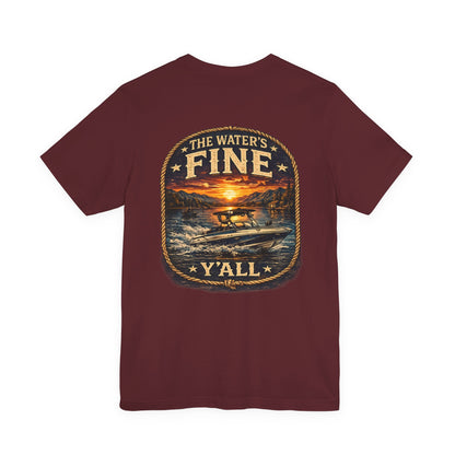 T-Shirt — 'The Water's Fine Y'all' Boat Sunset Graphic Tee