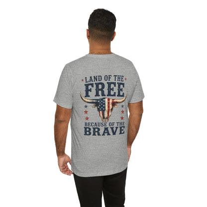 Patriotic Longhorn Tee — "Land of the Free Because of the Brave" Graphic T-Shirt