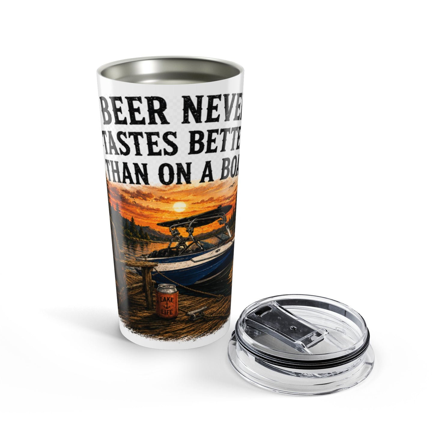 20oz Boat Life Tumbler — "Beer Never Tastes Better Than On A Boat" Sunset Travel Mug