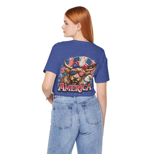 America Graphic Tee — Patriotic Bull with Flag Sunglasses