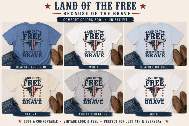 Patriotic Longhorn Tee — "Land of the Free Because of the Brave" Graphic T-Shirt