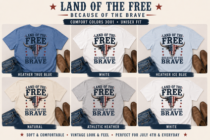 Patriotic Longhorn Tee — "Land of the Free Because of the Brave" Graphic T-Shirt