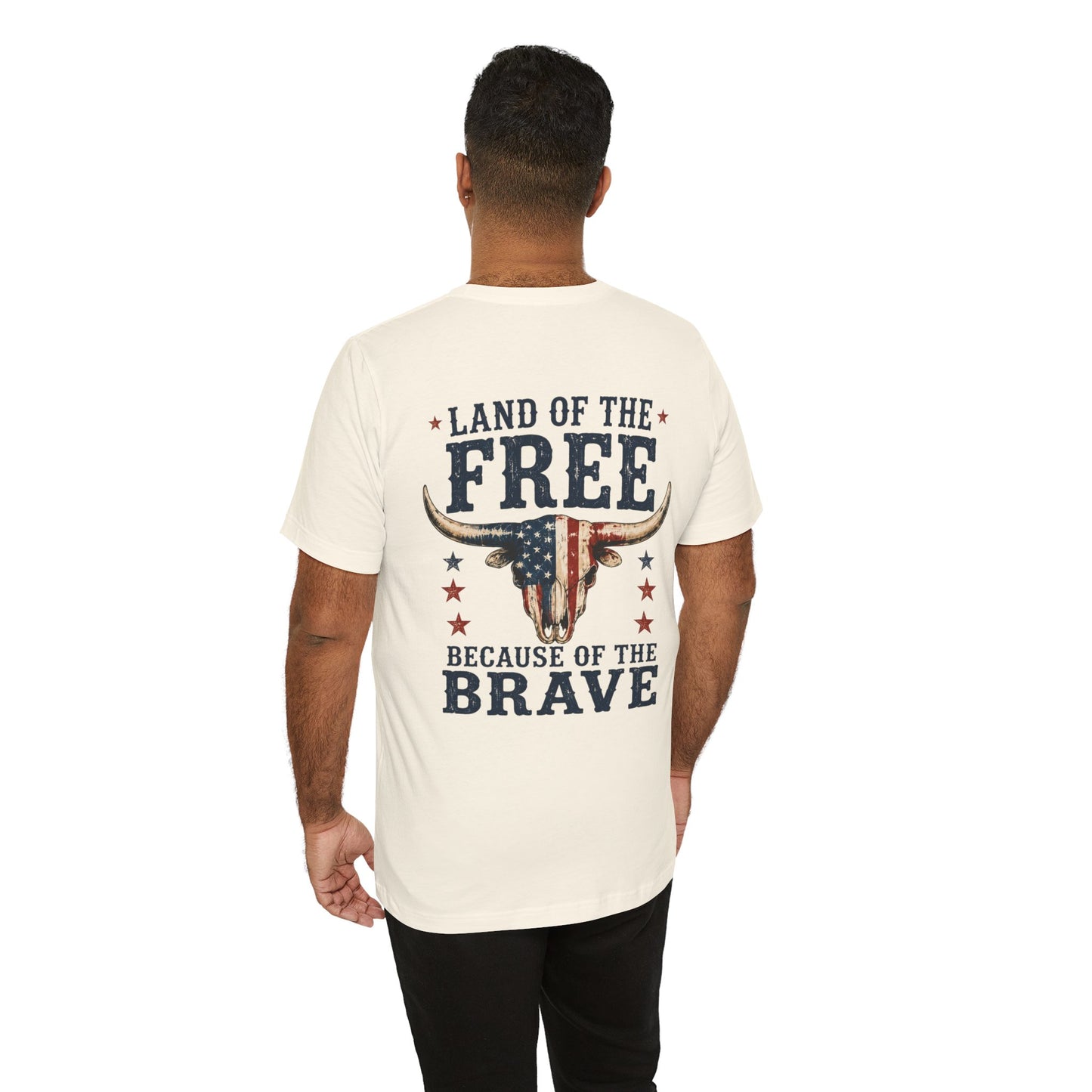 Patriotic Longhorn Tee — "Land of the Free Because of the Brave" Graphic T-Shirt