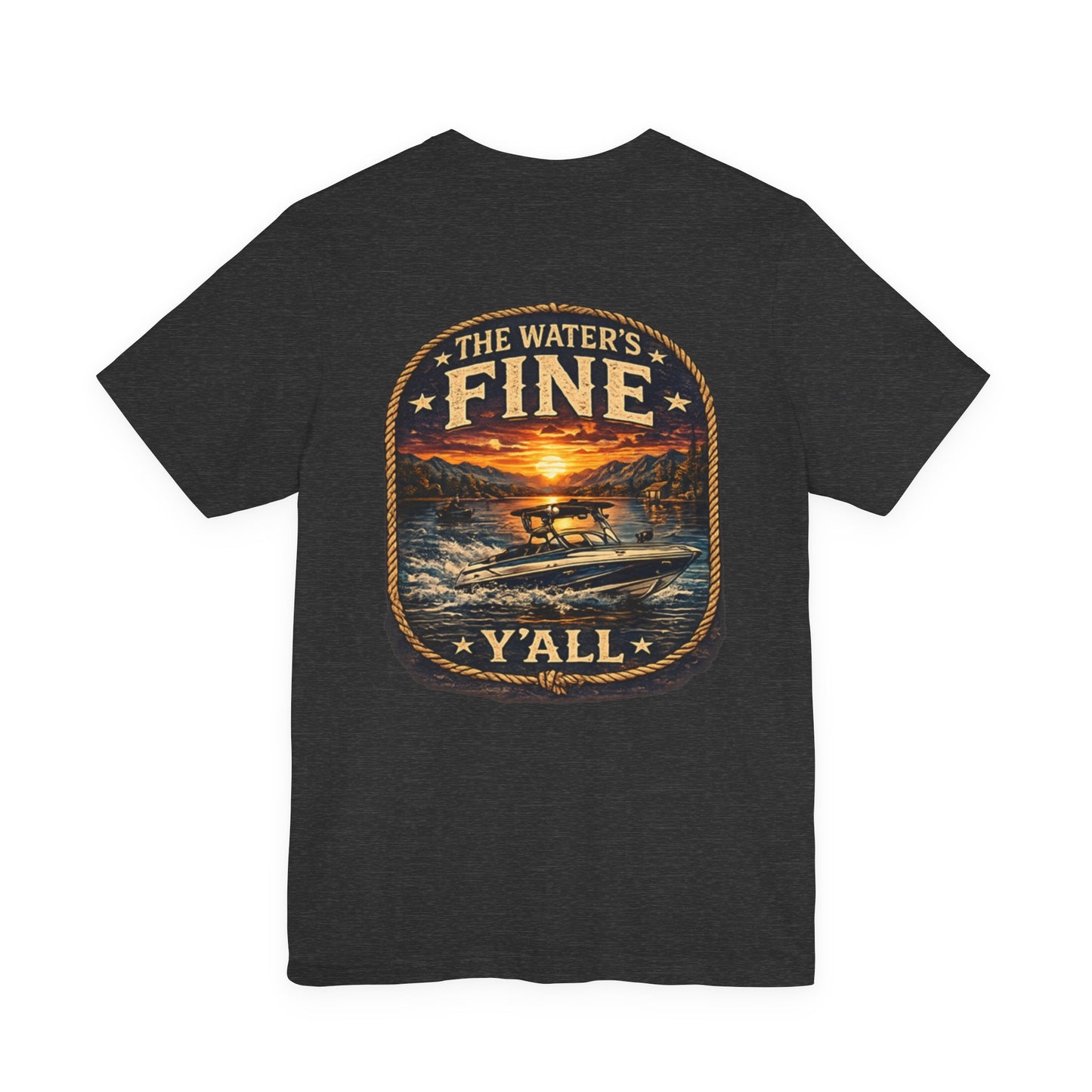 T-Shirt — 'The Water's Fine Y'all' Boat Sunset Graphic Tee