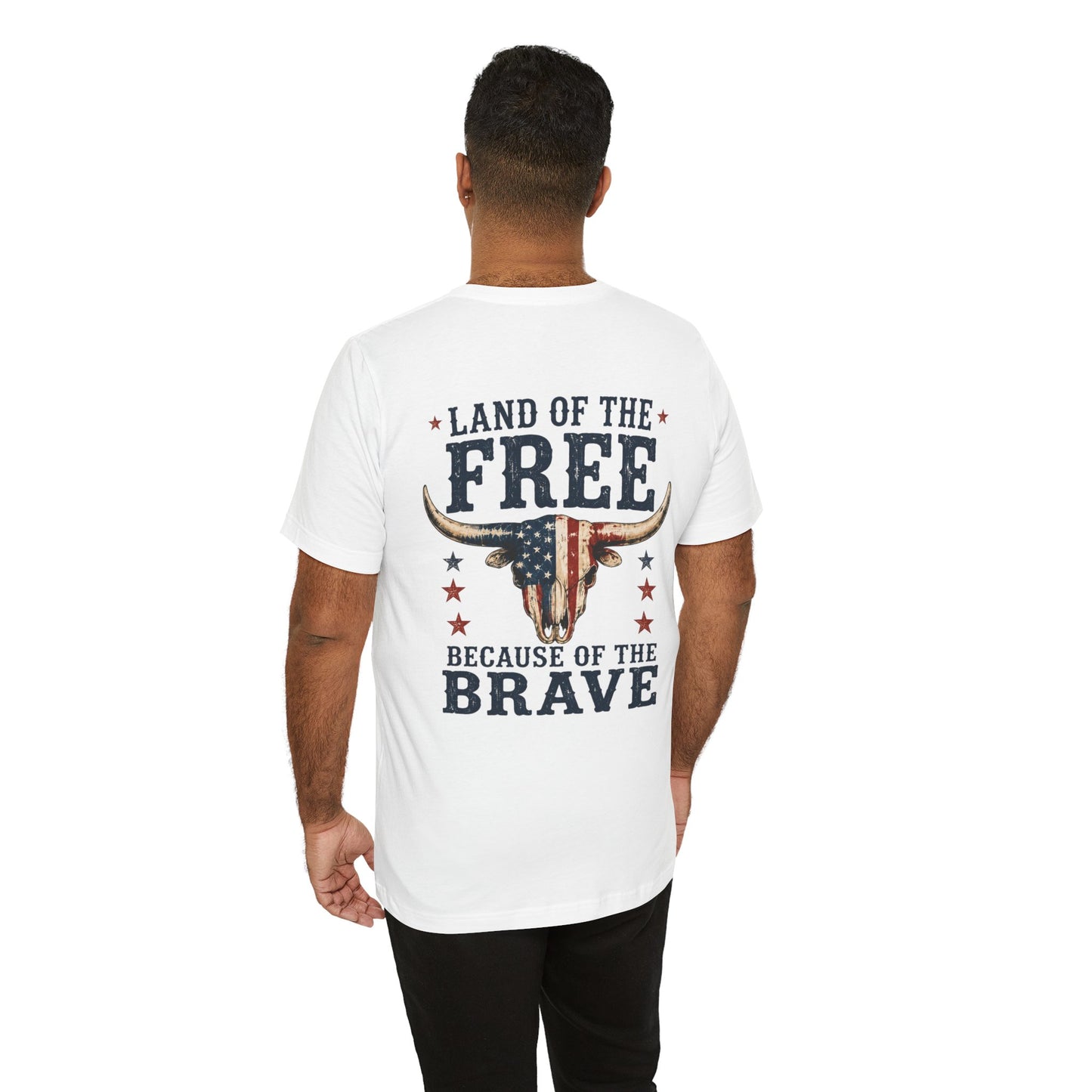 Patriotic Longhorn Tee — "Land of the Free Because of the Brave" Graphic T-Shirt