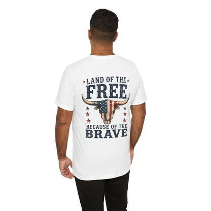 Patriotic Longhorn Tee — "Land of the Free Because of the Brave" Graphic T-Shirt