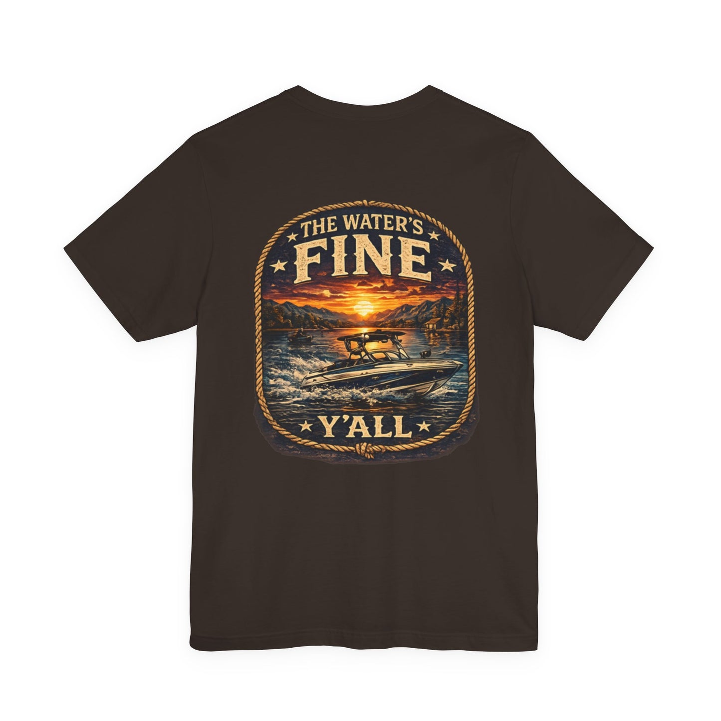 T-Shirt — 'The Water's Fine Y'all' Boat Sunset Graphic Tee