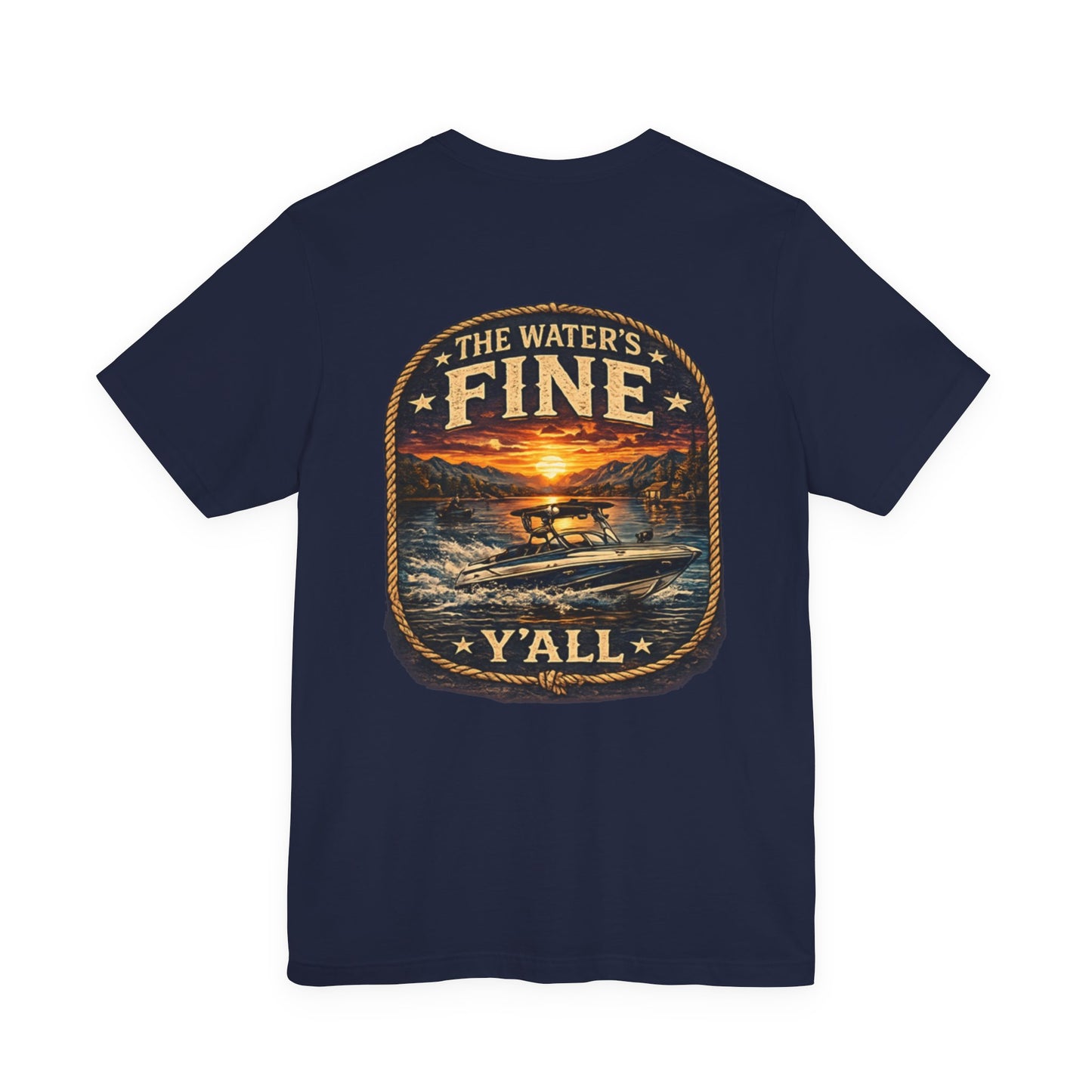 T-Shirt — 'The Water's Fine Y'all' Boat Sunset Graphic Tee